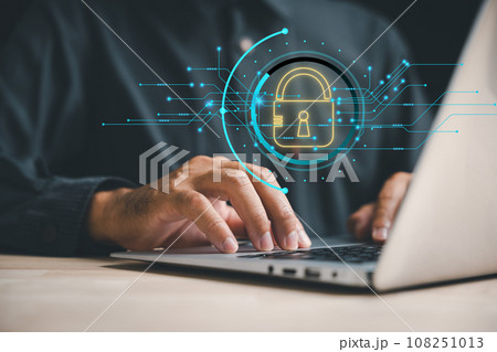 Prioritize data protection and privacy in the digital age. Businessmen safeguard personal information on laptops and virtual interfaces with shield lock icons and advanced network security technology. 108251013