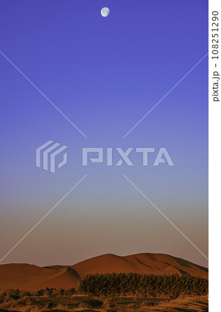 モロッコのサハラ砂漠での朝焼けときれいな地平線 108251290