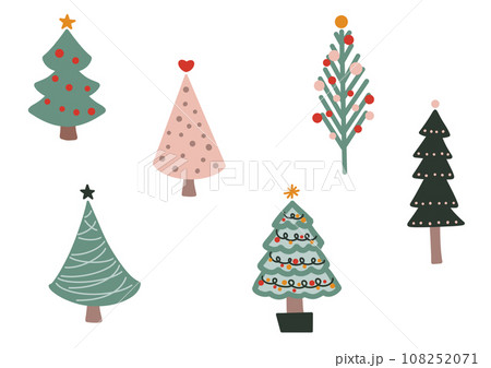 落ち着いた色味の落書きチックな可愛いクリスマスツリーのイラスト素材セット 108252071