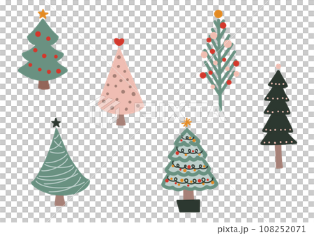 落ち着いた色味の落書きチックな可愛いクリスマスツリーのイラスト素材セット 108252071