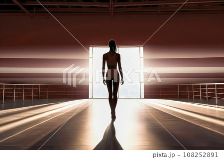 Minimalist Rear View of a Athlete Striding from the Training Facility into a Brightly Lit Stadium 108252891