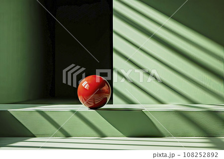 Abstract Image of a Red Glossy Sphere on a Green Step with the Shadow of a Grid in the Background 108252892