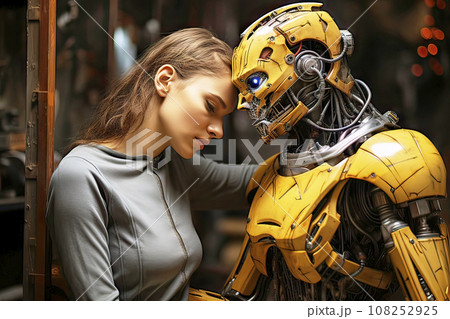 Woman in gray tracksuit leans with closed eyes trustingly against a yellow android robot Woman in gray tracksuit leans with closed eyes trustingly against a yellow android robot 108252925