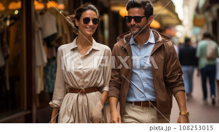 Urban modern adult love couple walking romantic talking talking, holding hands on a date. Happy couple having shopping on old european street 108253015