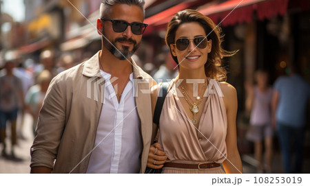Urban modern adult love couple walking romantic talking talking, holding hands on a date. Happy couple having shopping on old european street Urban modern adult love couple walking romantic talking talking, holding hands on a date. Happy couple having shopping on old european street 108253019