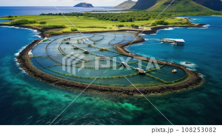 High angle aerial view of a a fish farm off the coast in the blue, sea during day time High angle aerial view of a a fish farm off the coast in the blue, sea during day time 108253082