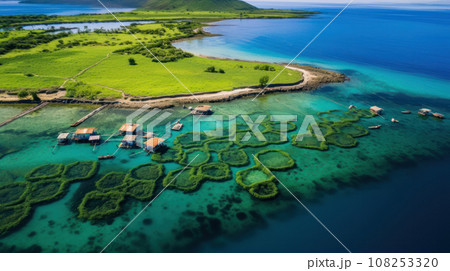 High angle aerial view of a a fish farm off the coast in the blue, sea during day time High angle aerial view of a a fish farm off the coast in the blue, sea during day time 108253320