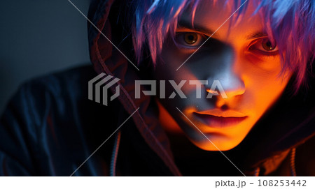 Close-Up of emo Punk Boy with Brightly Colored Hair 108253442
