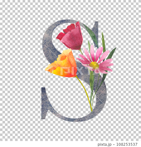 Letter S with watercolor wildflowers. Floral alphabet, isolated with botanical bouquet. monogram initials perfectly for wedding invitation, birthday, greeting card and other design. 108253537