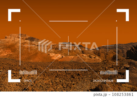 View of red planet landscape with stone, sand and red sky through viewfinder View of red planet landscape with stone, sand and red sky through viewfinder 108253861