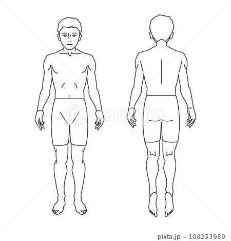 正面と背面の男性のモノクロ線画全身図セット着衣タイプ 108253989