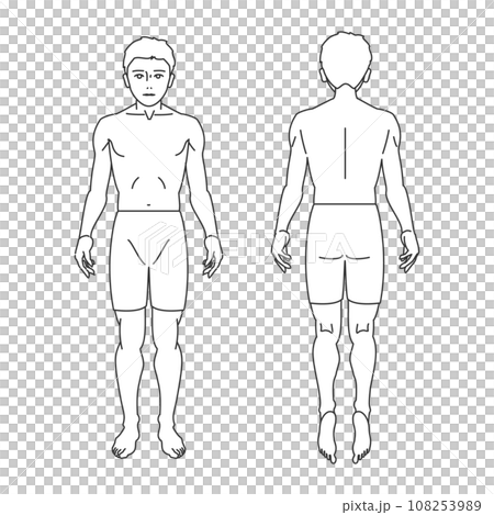 正面と背面の男性のモノクロ線画全身図セット着衣タイプ 108253989