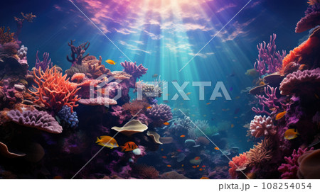 underwater coral reef landscape background in the deep blue ocean with colorful fish and marine life 108254054