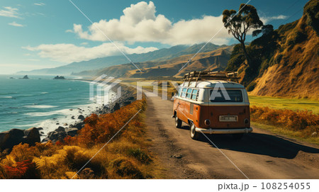 Vintage camper van parking at the beach with suitcases on top during on vacation near a sea 108254055