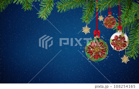 Christmas ornaments hanging on Christmas tree branches over blue background. Christmas and New Year greeting card with copy space for design. Christmas ornaments hanging on Christmas tree branches over blue background. Christmas and New Year greeting card with copy space for design. 108254165