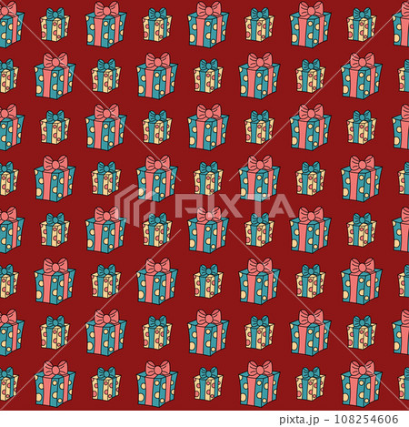 Christmas gifts pattern. Vector seamless background with cute doodle giftboxes. Festive Xmas, New Year, Birthday or other holidays pattern for wrapping, fabric. Illustration of cartoon present box 108254606