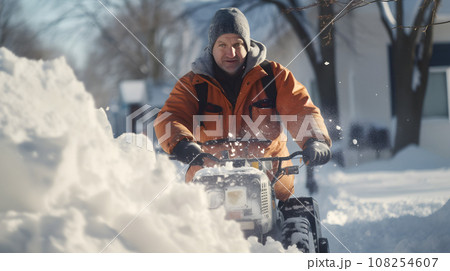 A man removes snow with a snow plow 108254607