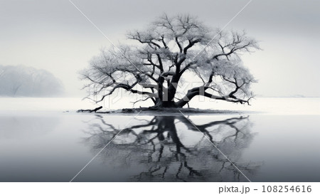 Oak tree in winter at sunset in silhouette against a golden sky with reflection over rippled water. Oak tree in winter at sunset in silhouette against a golden sky with reflection over rippled water. 108254616