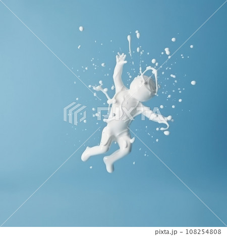 High-speed photography captures the natural shape and form of white liquid splashing into the air against a refreshing blue background. AI Generative 108254808