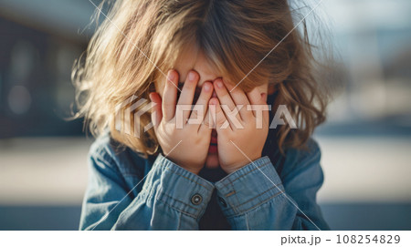 Young girl standing outdoors, covering her face with her hands 108254829