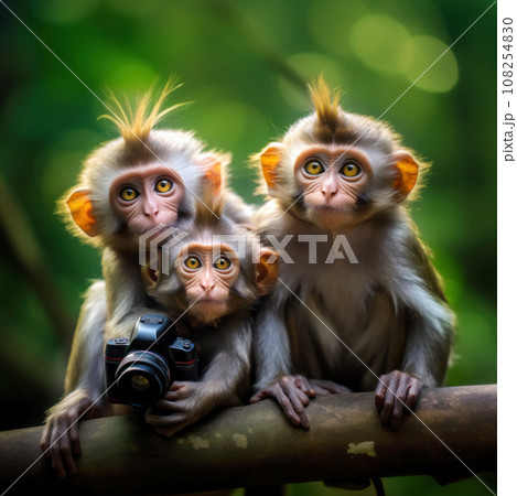 Family of cute little monkeys with funny and stupid faces sit on a tree branch Family of cute little monkeys with funny and stupid faces sit on a tree branch 108254830