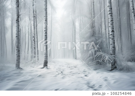 Beautiful white birch forest covered with snow in soft misty winter daylight Beautiful white birch forest covered with snow in soft misty winter daylight 108254846