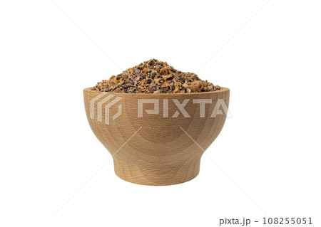Crataegus, commonly called hawthorn, quickthorn,thornapple, May-tree, whitethorn, Mayflower or hawberry in wooden bowl isolated on white background. 108255051
