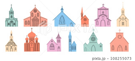 Catholic church. Vintage monastery. Religious architecture. Christians buildings with bell tower. Crosses on roofs. Color stone temples. Simple abbey. Jesus worship. Vector isolated flat chapels set Catholic church. Vintage monastery. Religious architecture. Christians buildings with bell tower. Crosses on roofs. Color stone temples. Simple abbey. Jesus worship. Vector isolated flat chapels set 108255073