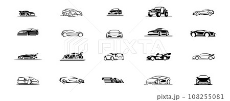 Auto logo. Car black silhouette. Motor garage company. Supercar drive symbols. Repair service. Automotive transport workshop. SUV and race vehicle. Outline modern sedan. Speed racing. Vector icons set Auto logo. Car black silhouette. Motor garage company. Supercar drive symbols. Repair service. Automotive transport workshop. SUV and race vehicle. Outline modern sedan. Speed racing. Vector icons set 108255081
