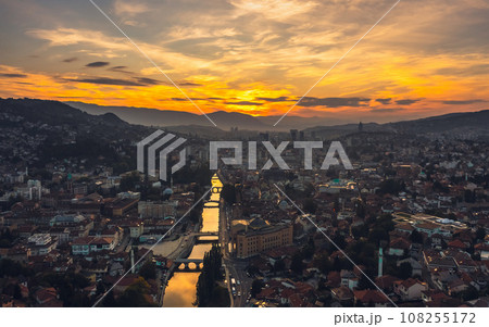 Aerial view of sunset in Sarajevo the capital of Bosnia and Herzegovina 108255172