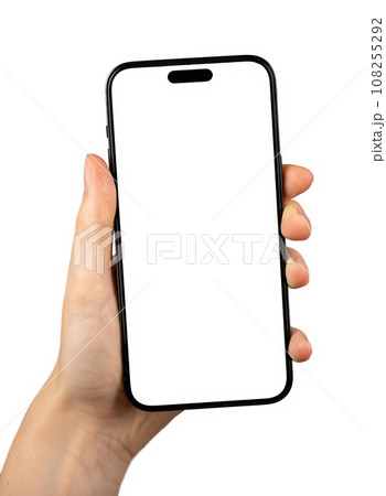 Berlin, Germany October 20 2023 Hand holding mobile phone mockup, smartphone screen, iphone 14 pro display mock up, isolated on white 108255292