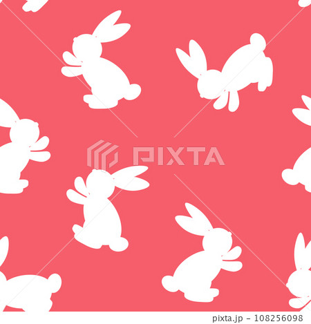 Seamless pattern with silhouette Easter rabbits on color background. Design for card, postcard, wallpaper, fabric, textile. Vector stock illustration. Cartoon style 108256098