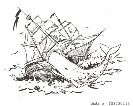 The white sperm whale attacks the ship. The mythical monster responsible for the shipwreck. Vector illustration in engraving style. Composition based on the legends of sailors. 108256118