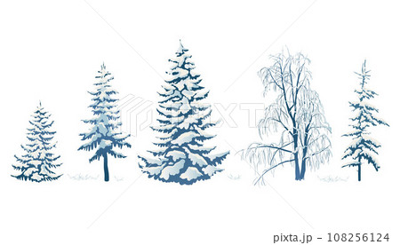 Realistic vector illustration of a spruce tree in the snow on a white background. Green fluffy pine isolated on a white background. Winter snow-covered trees. Elements for the Christmas scene. Realistic vector illustration of a spruce tree in the snow on a white background. Green fluffy pine isolated on a white background. Winter snow-covered trees. Elements for the Christmas scene. 108256124