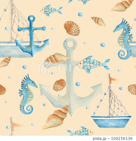 Watercolor sea seamless pattern with cute toy boat, ship, fishes, seahorse, nautical anchor, seashells and water bubbles on beige background. Hand drawn illustration. For fabric, textiles, baby 108256136