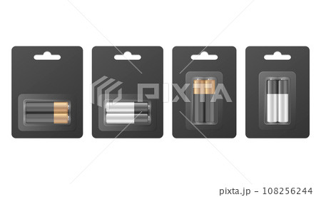 Vector 3d Realistic Two Alkaline Battery in the Black Paper Blister Icon Set Closeup Isolated. AA Size, Horizontal and Vertical Position. Design Template for Branding, Mockup Vector 3d Realistic Two Alkaline Battery in the Black Paper Blister Icon Set Closeup Isolated. AA Size, Horizontal and Vertical Position. Design Template for Branding, Mockup 108256244