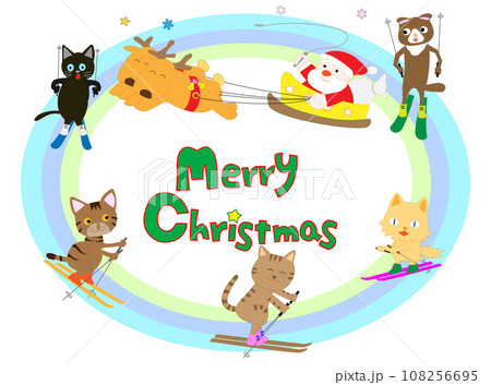 ウィンタースポーツで楽しんでいる猫たちと一緒にクリスマスを祝うサンタクロース。 ウィンタースポーツで楽しんでいる猫たちと一緒にクリスマスを祝うサンタクロース。 108256695