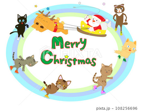 ウィンタースポーツで楽しんでいる猫たちと一緒にクリスマスを祝うサンタクロース。 ウィンタースポーツで楽しんでいる猫たちと一緒にクリスマスを祝うサンタクロース。 108256696