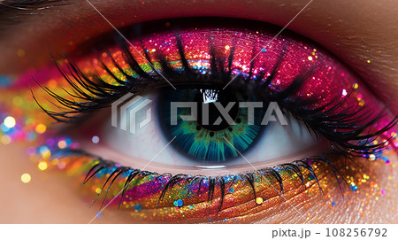 close-up of a woman's eye with makeup and glitter.Generative ai 108256792
