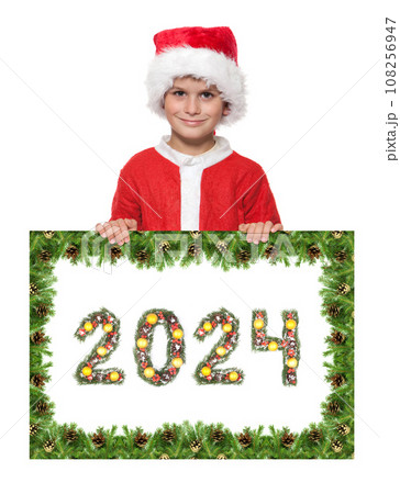 Santa Claus holds christmas poster and 2024 number 108256947