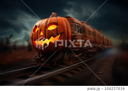 Halloween pumpkin train ride through a dark and spooky desert. Halloween pumpkin train ride through a dark and spooky desert. 108257016