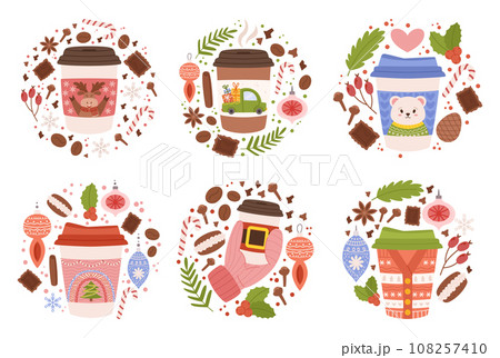 Festive Christmas Paper Coffee Cups Adorned With Merry Designs, Spreading Warmth And Holiday Cheer With Every Sip 108257410
