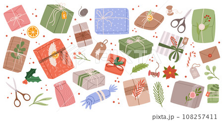 Set Christmas Gifts In Kraft Paper. Diy Rustic Present Boxes In Craft Wrappings With Twine Bows And Branches, Wreaths 108257411