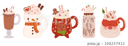 Assortment Of Winter Beverages. Steaming Mugs Adorned For The Holiday Season. Enjoy Hot Cocoa With Marshmallows 108257412