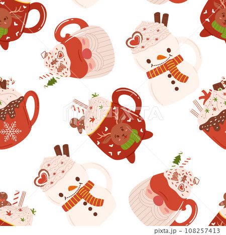 Seamless Pattern Of Festive Christmas Drinks Like Cocoa, Creamy Coffee, And Chocolate, Adorned With Candy Canes 108257413