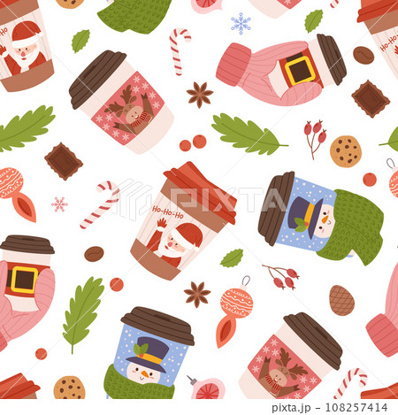 Festive Seamless Pattern Featuring Christmas Paper Coffee Cups, Adorned With Holiday Motifs, Creating A Cozy Design 108257414