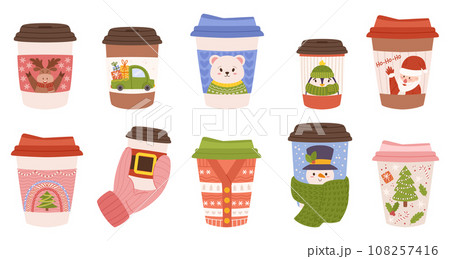 Set Festive Paper Cups with Christmas Motifs. Deer, Car, Polar Bear, Cute Penguin, Santa Claus and Decorated Pine Tree 108257416
