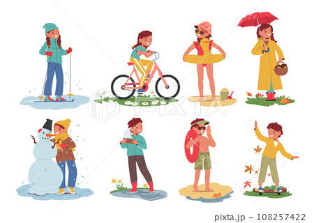 Little Kids Seasonal Activities, Boys and Girls Characters Skiing, Riding Bicycle, Relax on Beach, Mushrooming Little Kids Seasonal Activities, Boys and Girls Characters Skiing, Riding Bicycle, Relax on Beach, Mushrooming 108257422