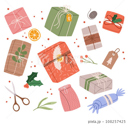 Set Of Different Christmas Presents In Kraft Paper With Twine Ribbon And Wreaths. Rustic Gift Box. Eco Decoration Set Of Different Christmas Presents In Kraft Paper With Twine Ribbon And Wreaths. Rustic Gift Box. Eco Decoration 108257425