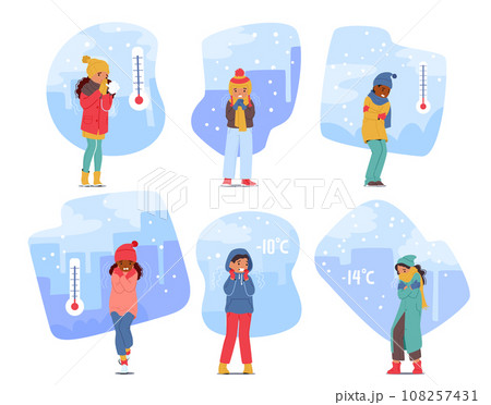 Children Shiver As A Chill Creeps In, Tiny Bodies Wrapped In Layers, Rosy Cheeks, And Breath Forming Frosty Puffs 108257431